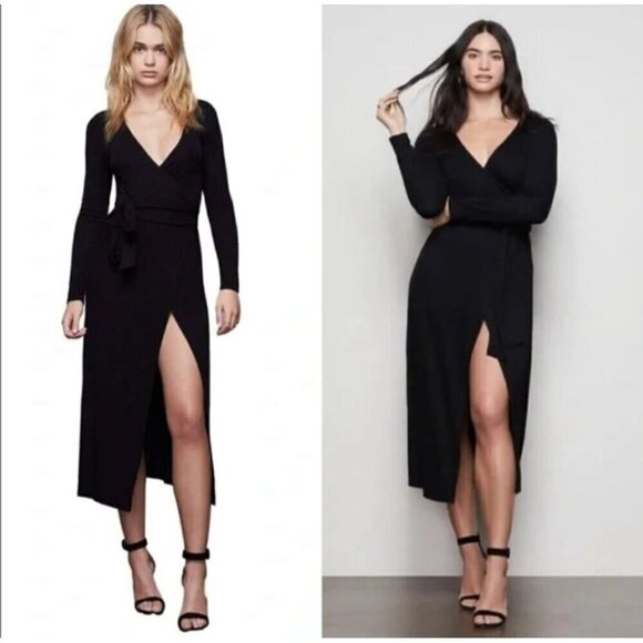 NWT Good American Black DayNight Ribbed Wrap Midi Dress - Size 7 (4XL)
